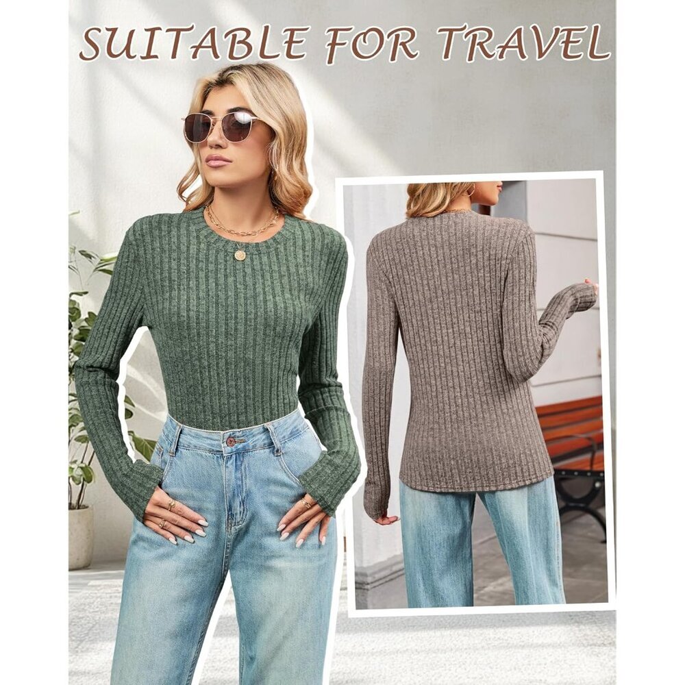 Women's Ribbed Sweater Tops 3 Pack Fitted Long Sleeve Crew Neck Thermal - Picture 2 of 5
